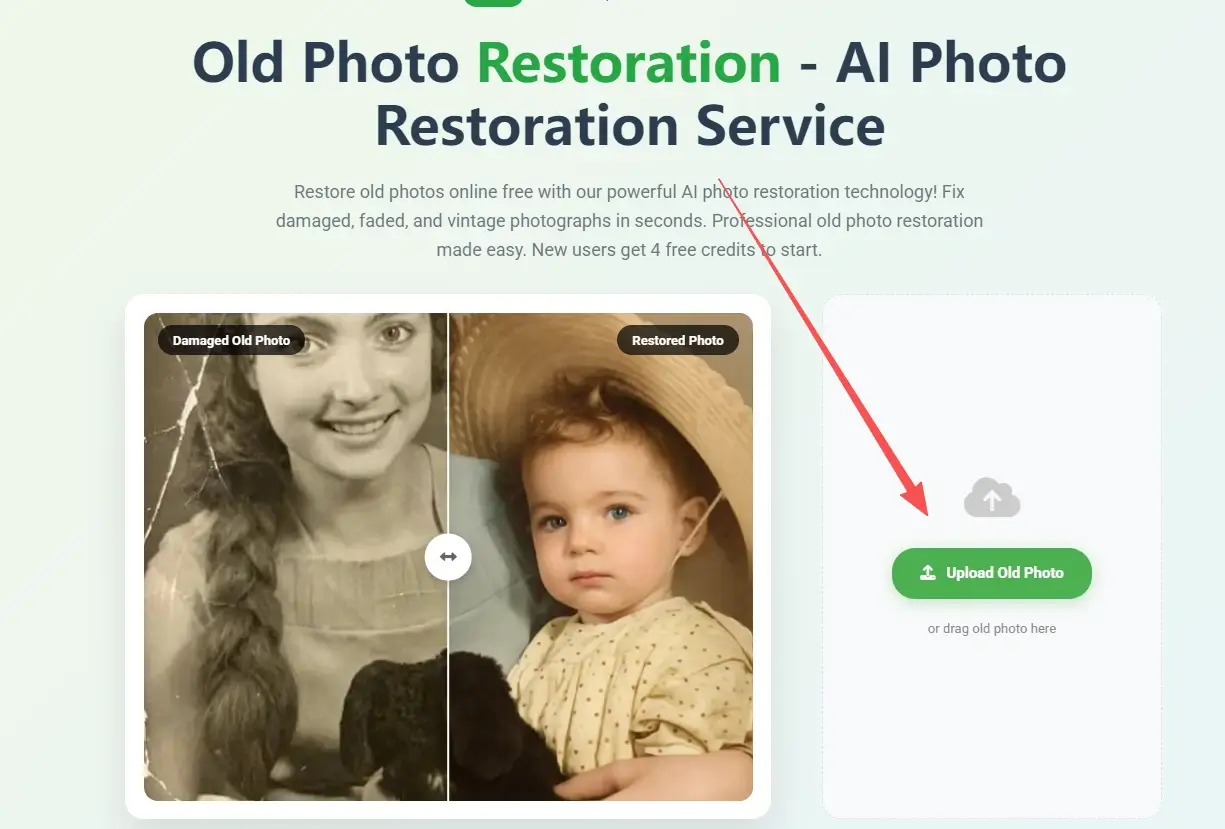 Step-by-step visual guide showing the photo restoration process from damaged original to final result